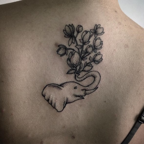 Dotwork Elephant Head With Flowers Tattoo On Upper Back