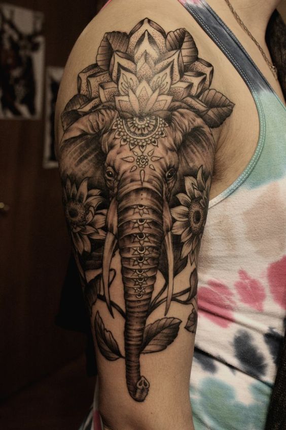 Dotwork Elephant With Flowers Tattoo On Right Half Sleeve