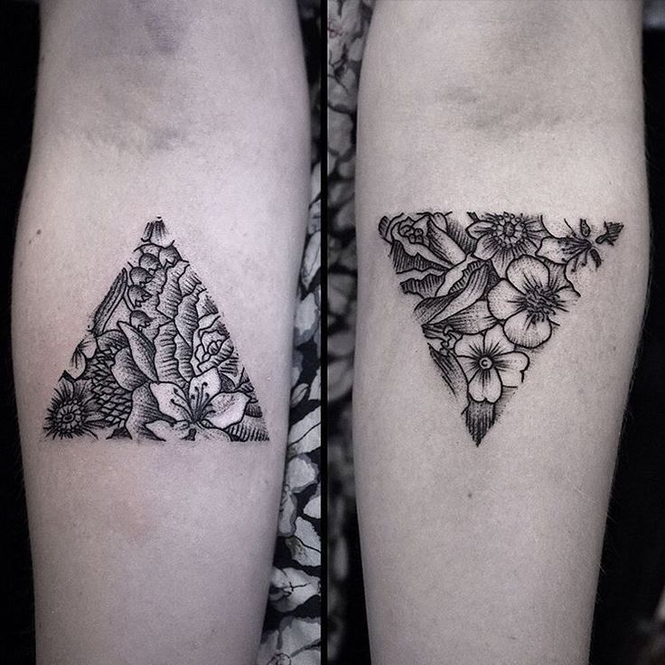 Dotwork Flowers In Triangle Tattoo Design For Couple Arm