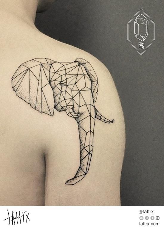 Dotwork Geometric Elephant Head Tattoo On Right Shoulder