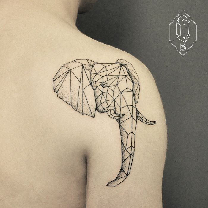 Dotwork Geometric Elephant Head Tattoo On Right Shoulder