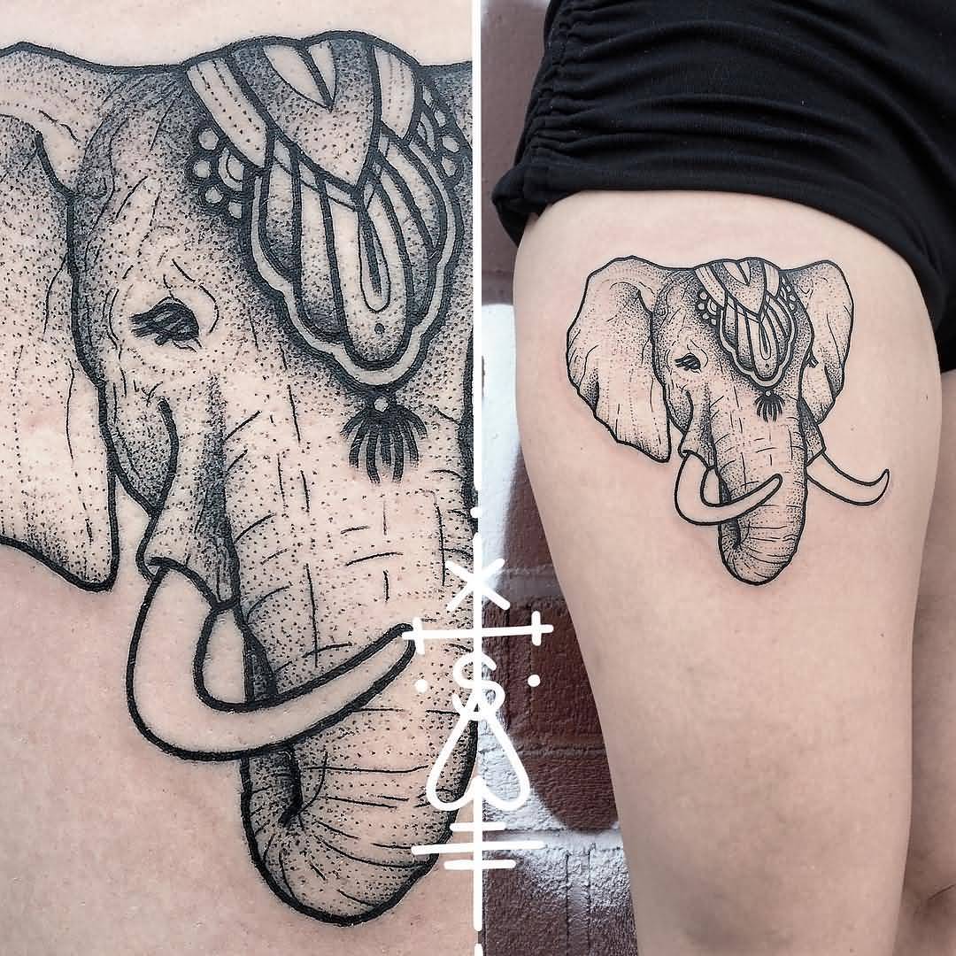 Dotwork Japanese Elephant Head Tattoo On Girl Right Thigh