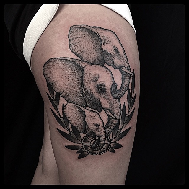 Dotwork Neo Three Elephants Head Tattoo On Right Thigh