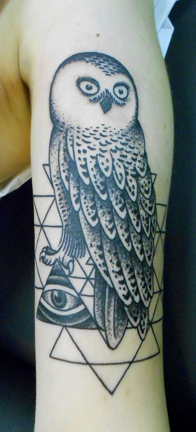 Dotwork Owl With Triangle Eye Tattoo On Left Half Sleeve