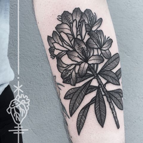 Dotwork Rhododendron Flowers Tattoo On Forearm