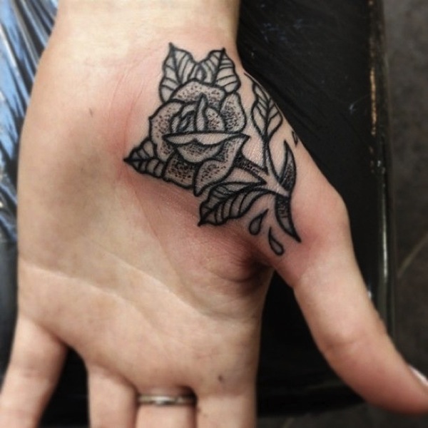 Dotwork Rose Tattoo On Left Hand For Women