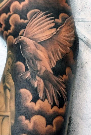 Dove Flying In Clouds Tattoo On Sleeve