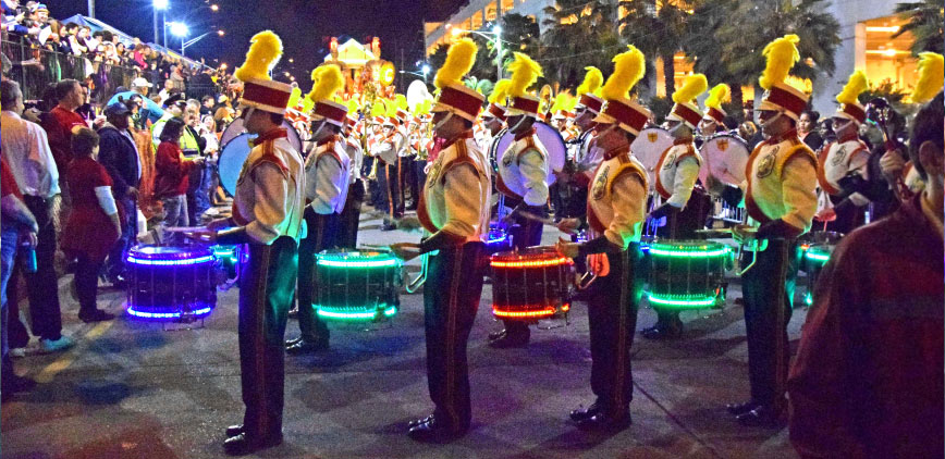 Drumers During Mardi Gras Parade At Night