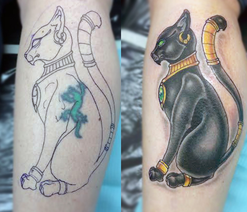 Egyptian Cat Before And After Tattoo By Rob Zeinog