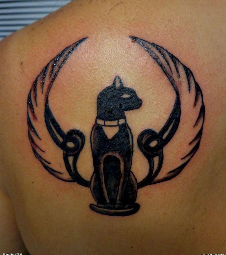 Egyptian Cat Goddess Tattoo On Back Shoulder