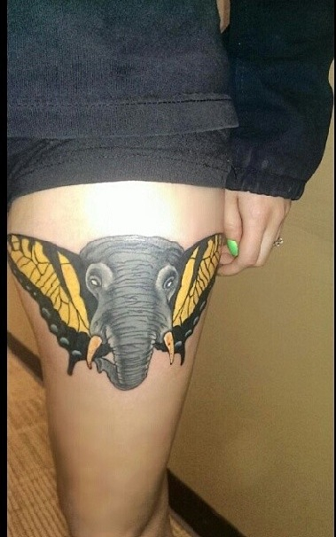 Elephant Head With Butterfly Wings Ears Tattoo On Girl Thigh By DanieSaur