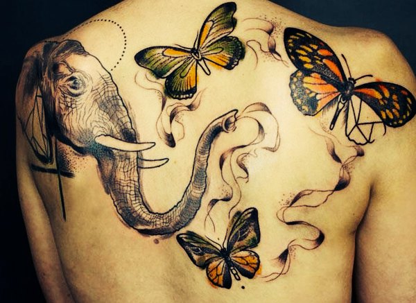 Elephant Head With Flying Butterflies Tattoo On Upper Back