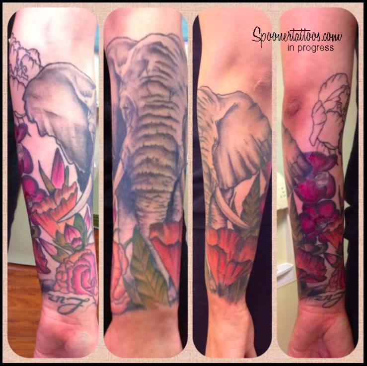 Elephant With Flowers Tattoo Design For Sleeve