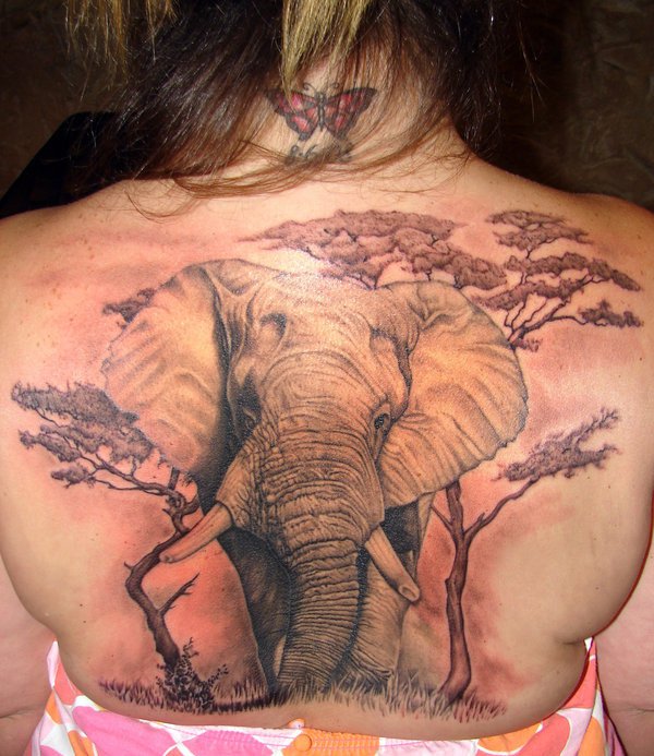 Elephant With Trees Tattoo On Girl Upper Back