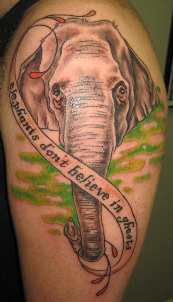 Elephants Don't Believe In Ghosts Banner With Asian Elephant Head Tattoo On Left Shoulder