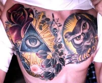 Eye In Triangle With Owl Tattoo On Man Chest