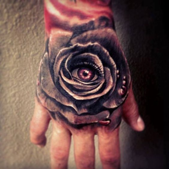 Eye in Rose Tattoo On Hand For Women
