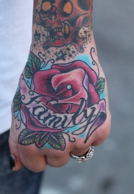 Family Banner And Rose Hand Tattoo For Women