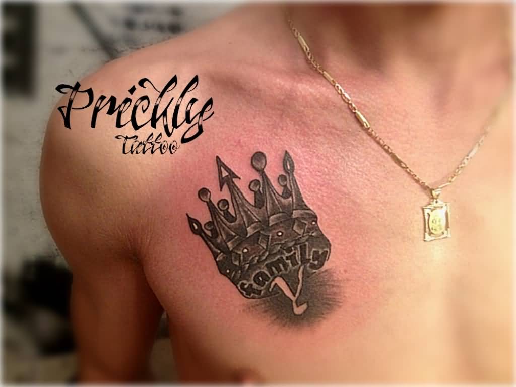 Family Crown Tattoo On Man Chest