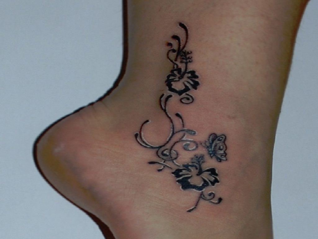 Fantastic Butterfly With Flowers Tattoo On Ankle