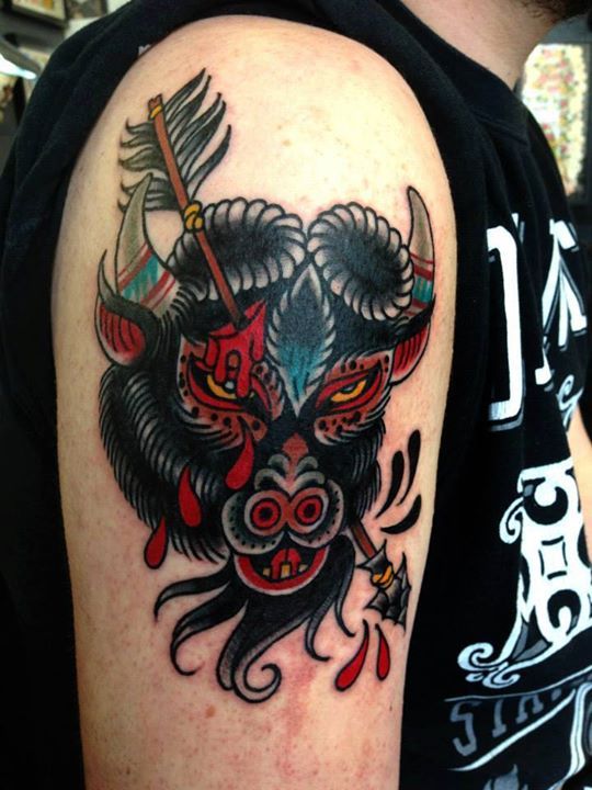 Fierce Bull With Arrow Traditional Tattoo On Shoulder