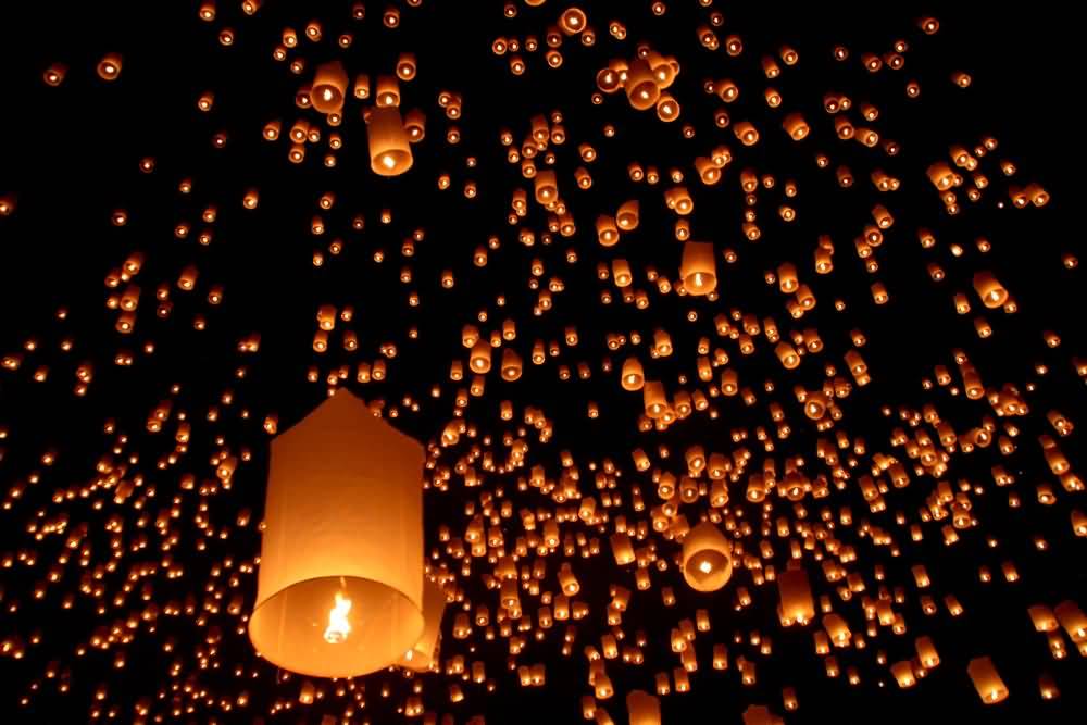 Floating Paper Lanterns During Yi Peng Festival Celebration In Chiang Mai