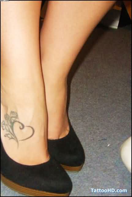 Flower And Heart Tattoo On Ankle
