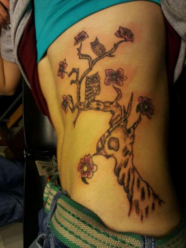 Flower Tree And Owl Family Tattoo On Side Rib