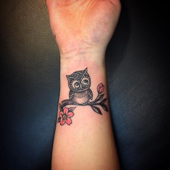 Flowers And Baby Owl Tattoo On Forearm