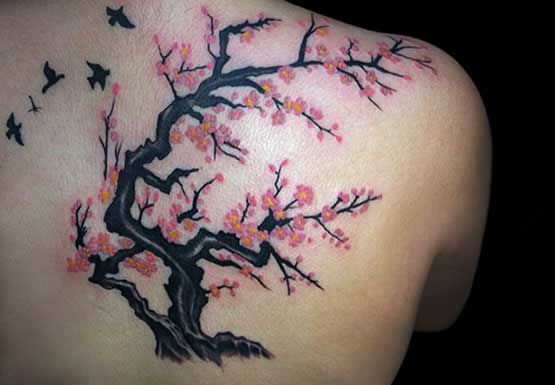 Flying Birds And Cherry Blossom Tree Tattoo On Right Back Shoulder