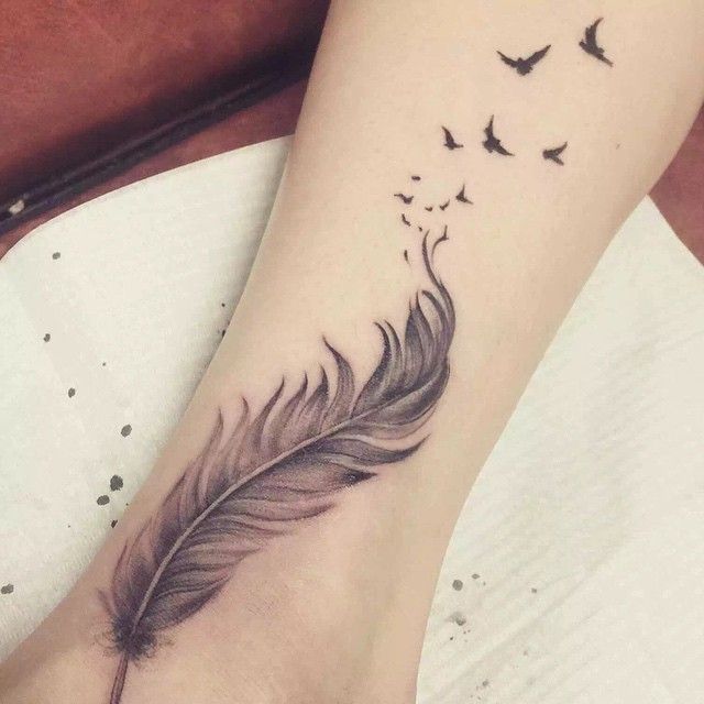 Flying Birds And Feather Tattoo On Ankle