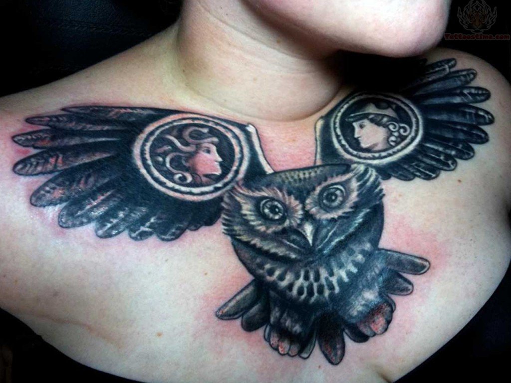 Flying Flying Owl Tattoo On Girl Chest