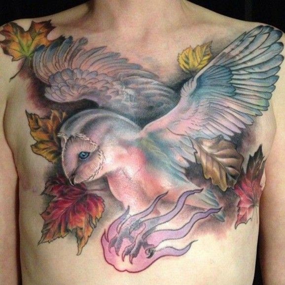 Flying Owl Tattoo On Chest by Esther Garcia
