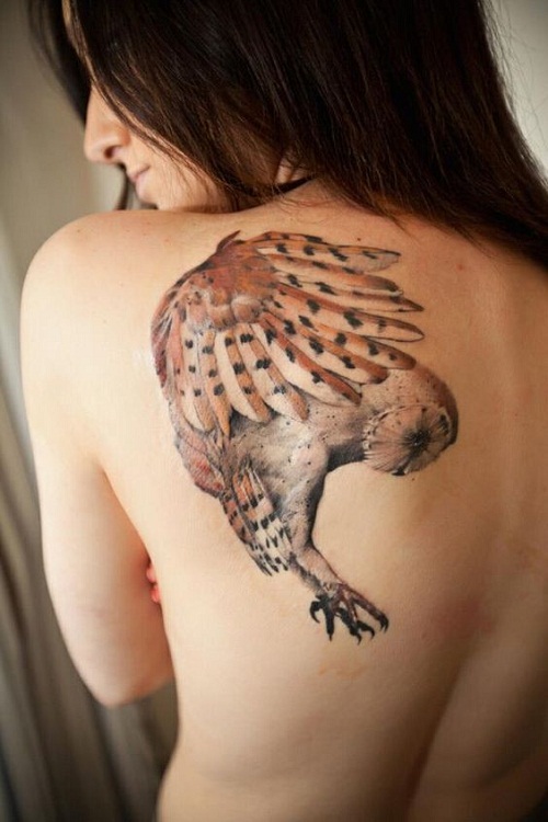 Flying Owl Tattoo On Girl Left Back Shoulder