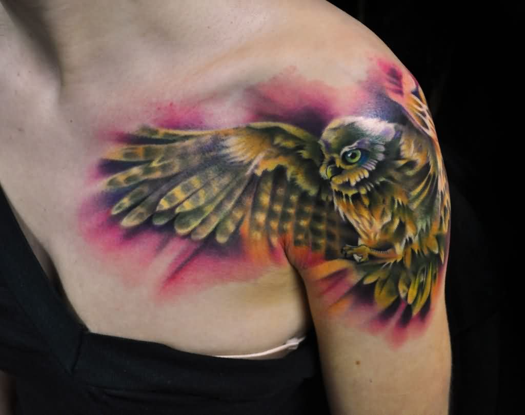 Flying Owl Tattoo On Left Shoulder