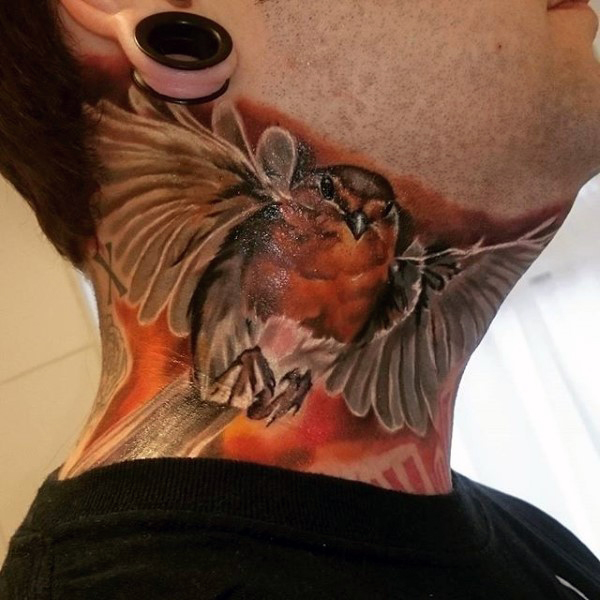 Flying Owl Tattoo On Man Side Neck