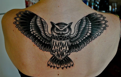 Flying Owl Tattoo On Upper Back