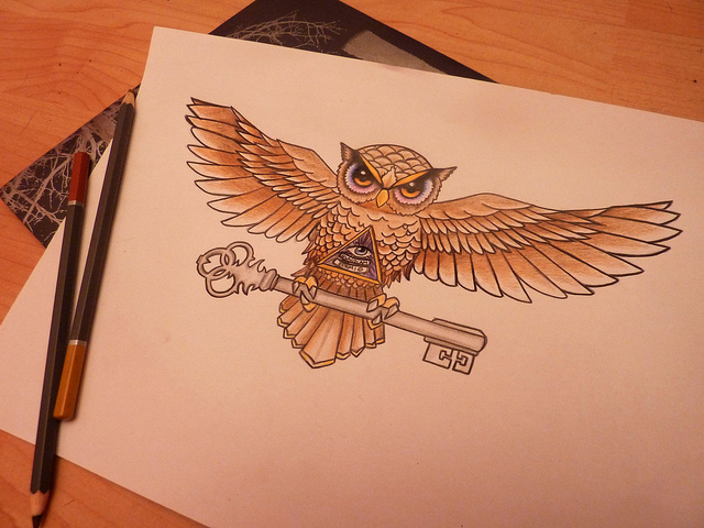 Flying Owl With Key In Claws Tattoo Design
