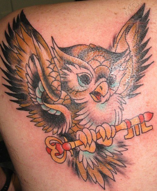 Flying Owl With Key In Claws Tattoo On Back Shoulder