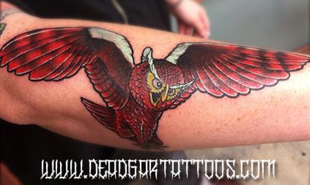 Flying Red Owl Tattoo On Arm Sleeve