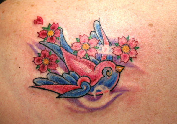 Flying Swallow And Cherry Blossom Flowers Tattoo
