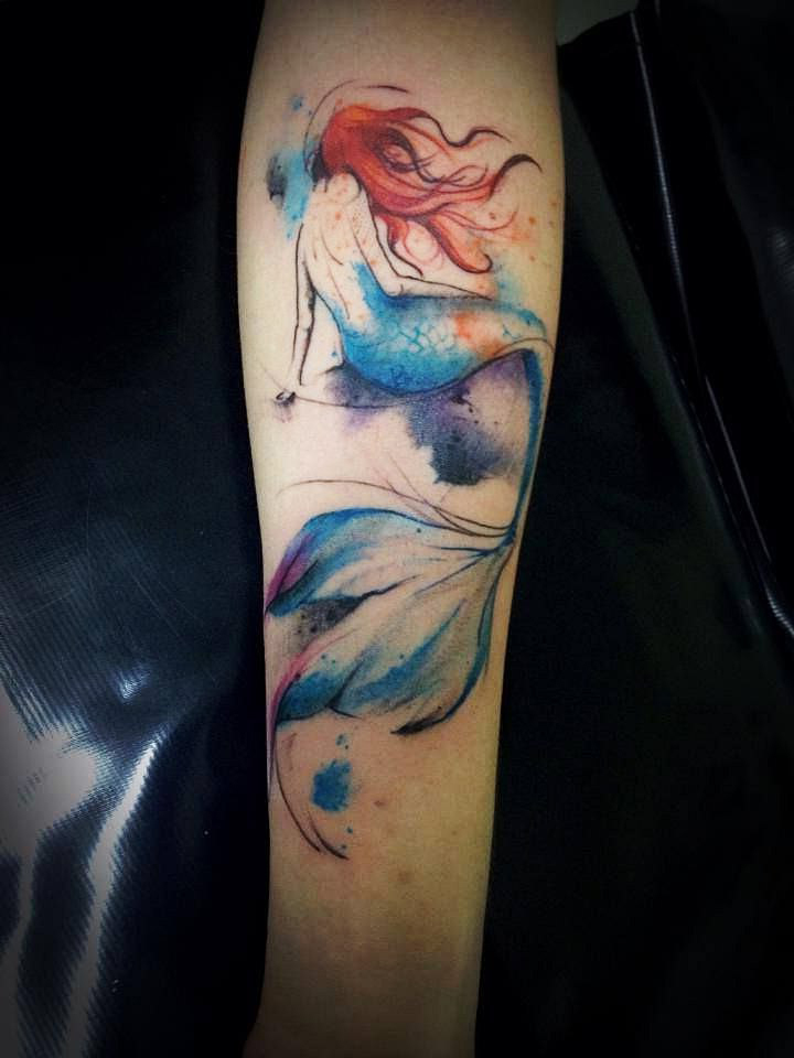 Forearm Watercolor Mermaid Tattoo