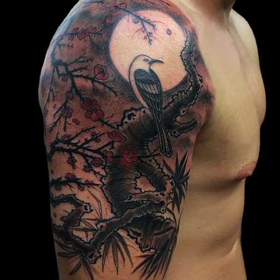 Full Moon And Cherry Blossom Tree Tattoo On Right Half Sleeve