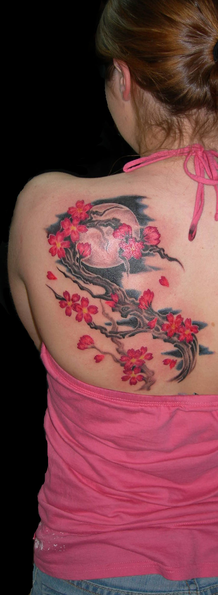 Full Moon and Cherry Blossom Tattoo On Left Back Shoulder