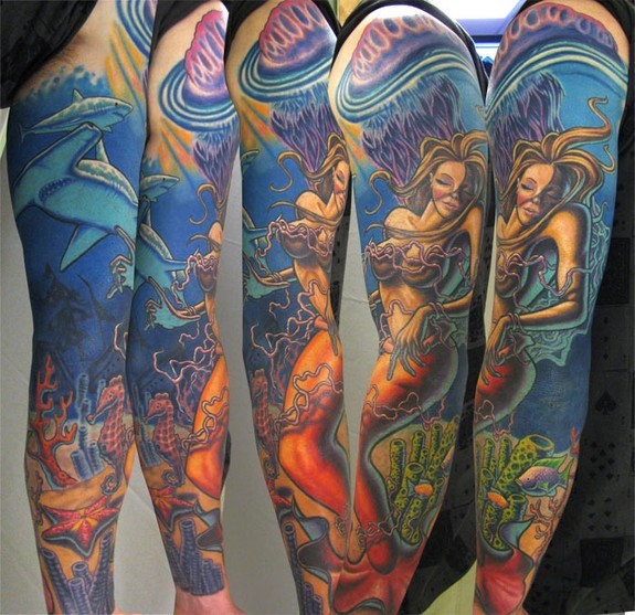 Full Sleeve Colored Mermaid Tattoo