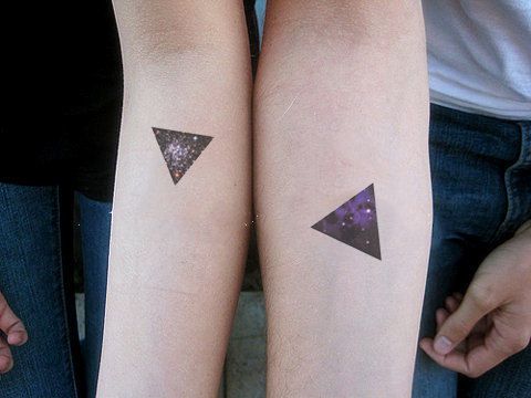 Galaxy In Triangle Tattoo On Couple Forearm
