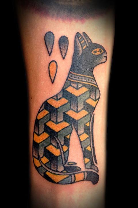 Geometric Egyptian Cat Traditional Tattoo