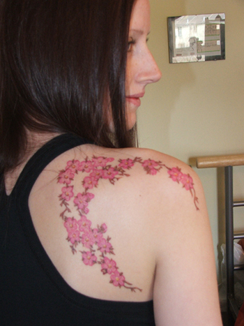 Girl Back Shoulder Cherry Blossom Tattoo