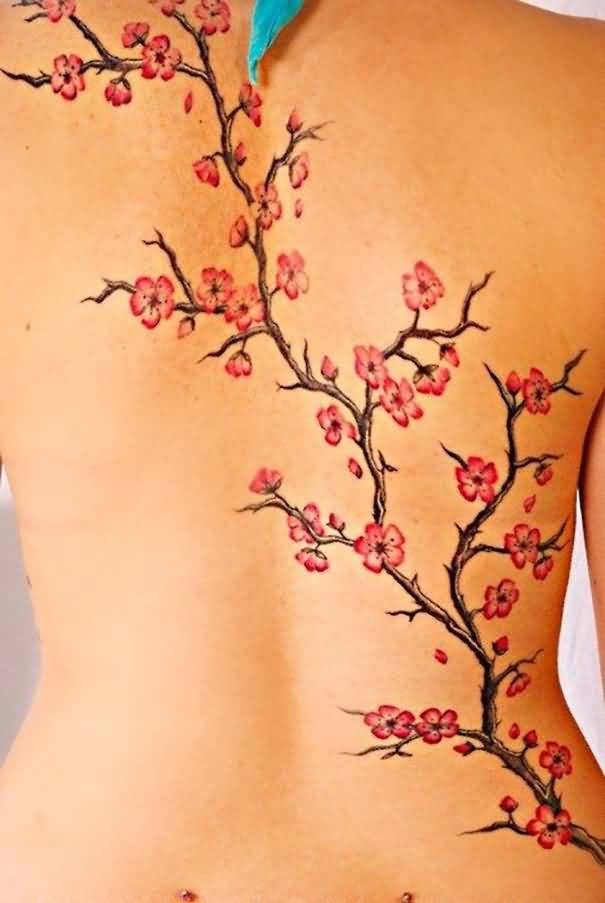 Girl Full Back Cherry Blossom Tattoo