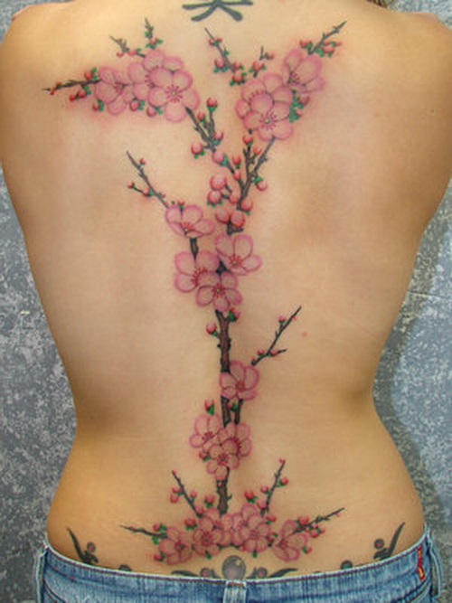 Girl Full Back Cherry Blossom Tattoos